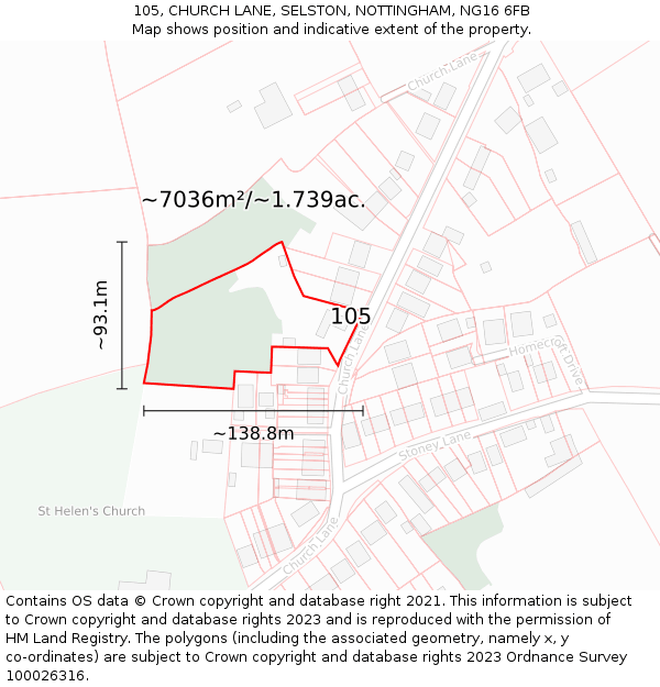 105, CHURCH LANE, SELSTON, NOTTINGHAM, NG16 6FB: Plot and title map
