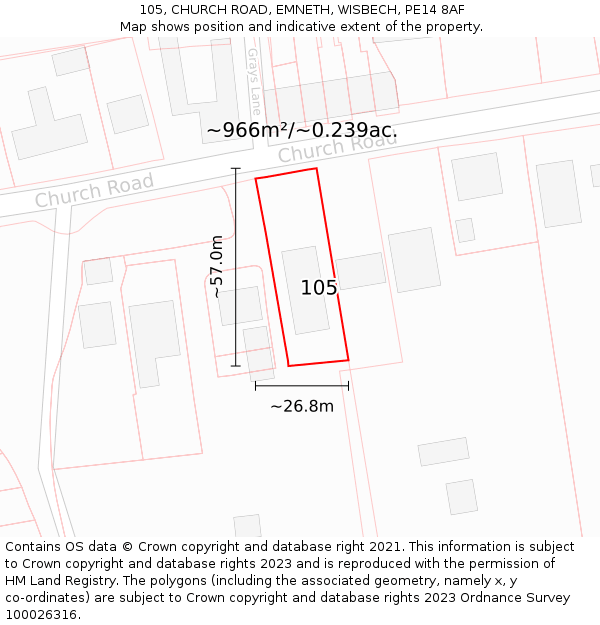 105, CHURCH ROAD, EMNETH, WISBECH, PE14 8AF: Plot and title map