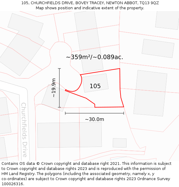 105, CHURCHFIELDS DRIVE, BOVEY TRACEY, NEWTON ABBOT, TQ13 9QZ: Plot and title map
