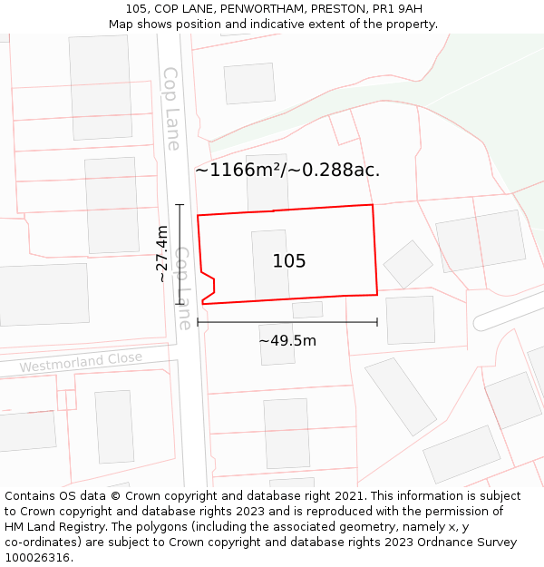 105, COP LANE, PENWORTHAM, PRESTON, PR1 9AH: Plot and title map