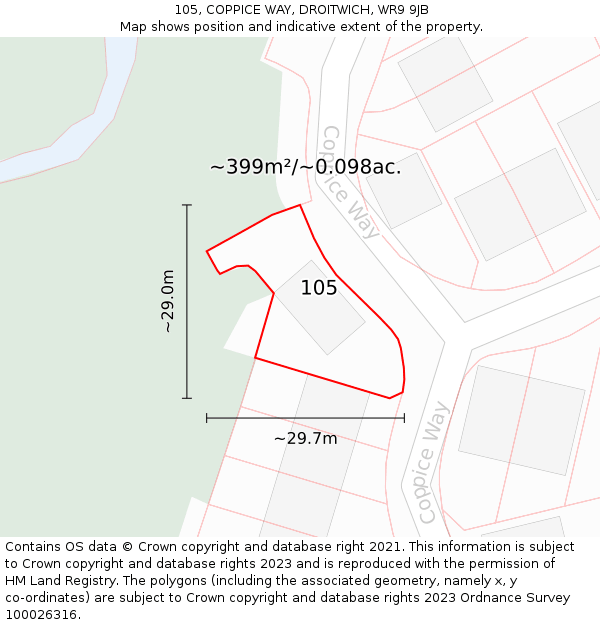 105, COPPICE WAY, DROITWICH, WR9 9JB: Plot and title map