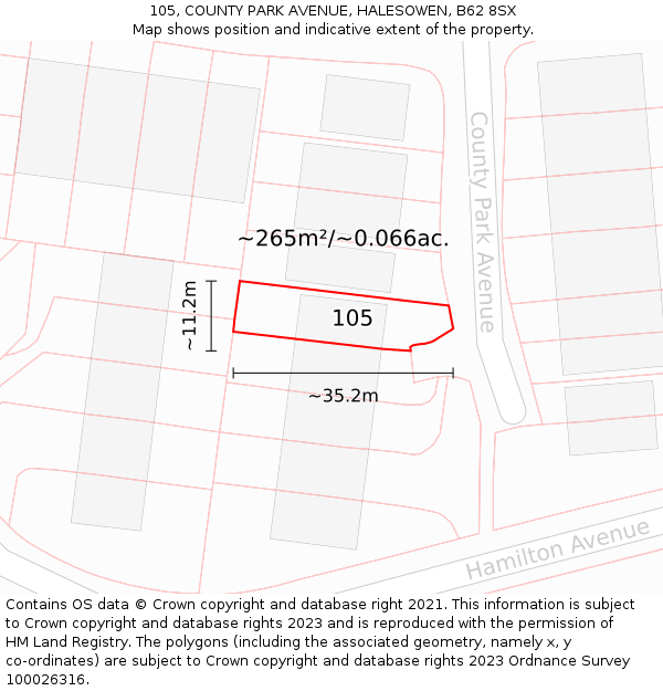 105, COUNTY PARK AVENUE, HALESOWEN, B62 8SX: Plot and title map