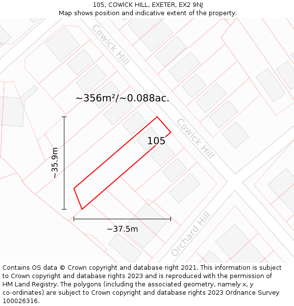 105, COWICK HILL, EXETER, EX2 9NJ: Plot and title map