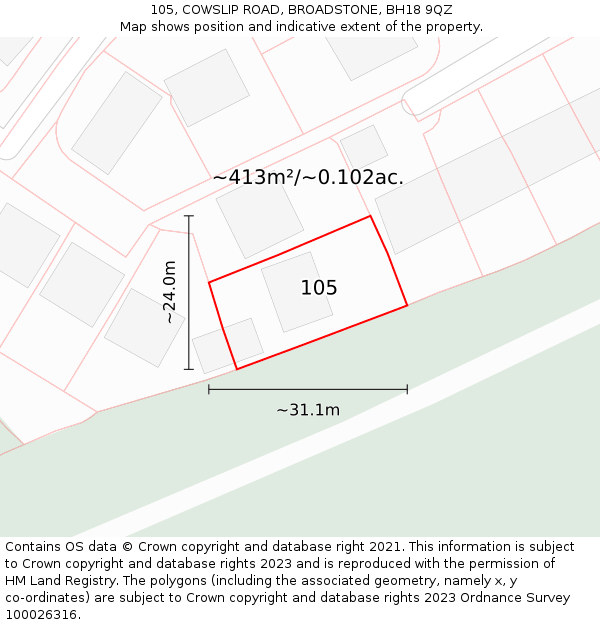 105, COWSLIP ROAD, BROADSTONE, BH18 9QZ: Plot and title map