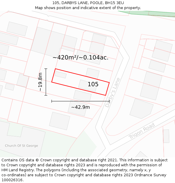 105, DARBYS LANE, POOLE, BH15 3EU: Plot and title map