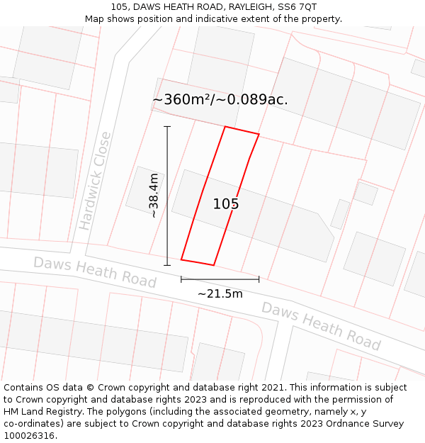 105, DAWS HEATH ROAD, RAYLEIGH, SS6 7QT: Plot and title map