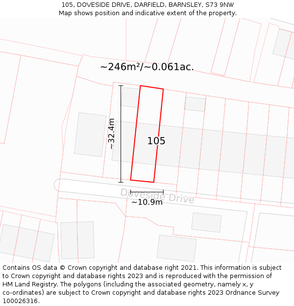 105, DOVESIDE DRIVE, DARFIELD, BARNSLEY, S73 9NW: Plot and title map