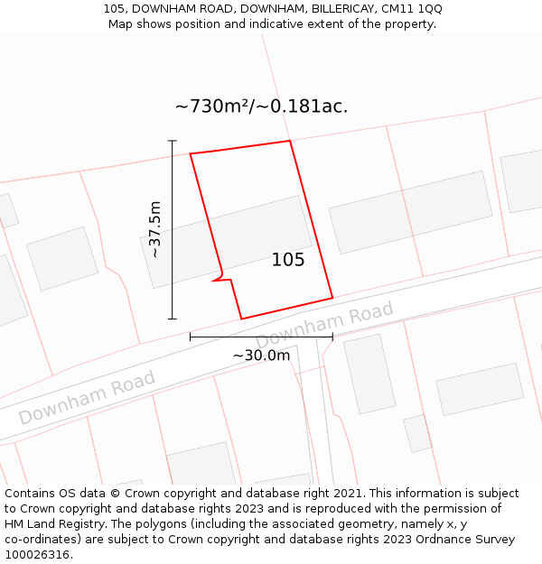 105, DOWNHAM ROAD, DOWNHAM, BILLERICAY, CM11 1QQ: Plot and title map