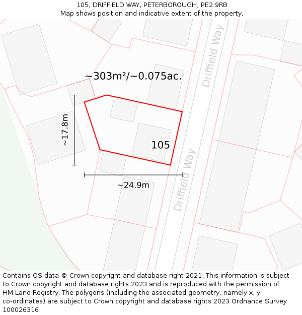 105, DRIFFIELD WAY, PETERBOROUGH, PE2 9RB: Plot and title map