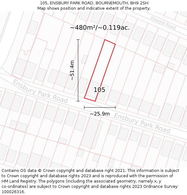 105, ENSBURY PARK ROAD, BOURNEMOUTH, BH9 2SH: Plot and title map