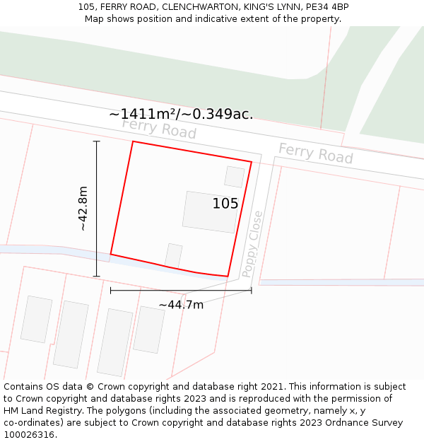 105, FERRY ROAD, CLENCHWARTON, KING'S LYNN, PE34 4BP: Plot and title map