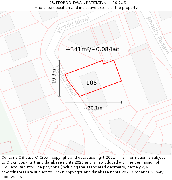 105, FFORDD IDWAL, PRESTATYN, LL19 7US: Plot and title map