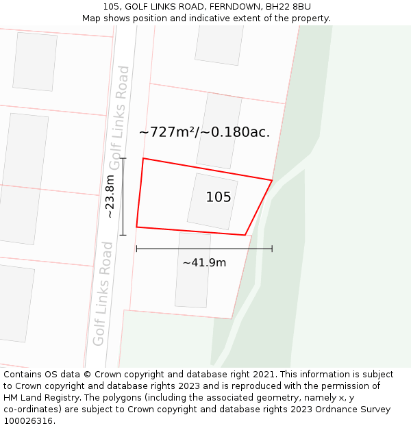105, GOLF LINKS ROAD, FERNDOWN, BH22 8BU: Plot and title map