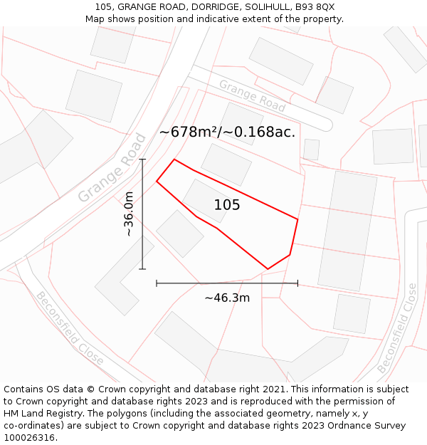 105, GRANGE ROAD, DORRIDGE, SOLIHULL, B93 8QX: Plot and title map