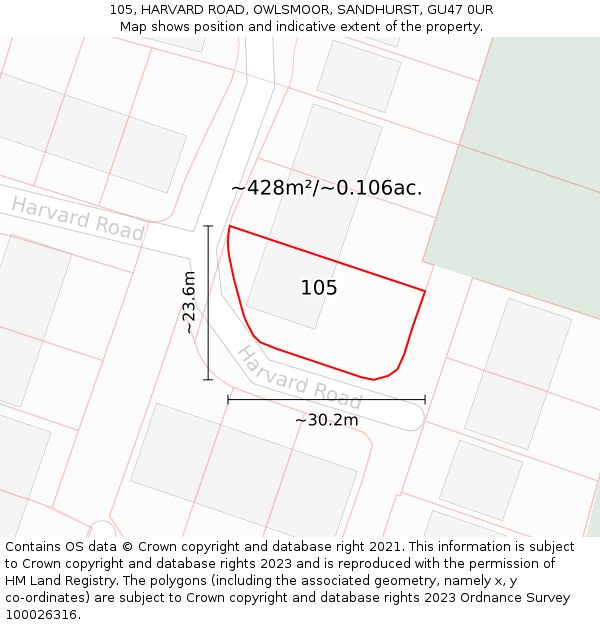 105, HARVARD ROAD, OWLSMOOR, SANDHURST, GU47 0UR: Plot and title map