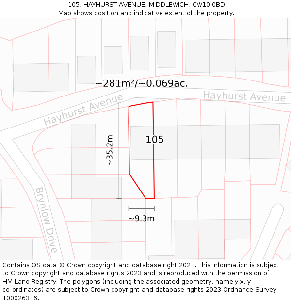 105, HAYHURST AVENUE, MIDDLEWICH, CW10 0BD: Plot and title map