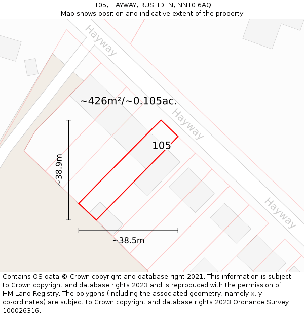 105, HAYWAY, RUSHDEN, NN10 6AQ: Plot and title map