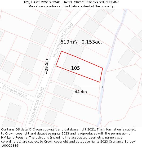 105, HAZELWOOD ROAD, HAZEL GROVE, STOCKPORT, SK7 4NB: Plot and title map