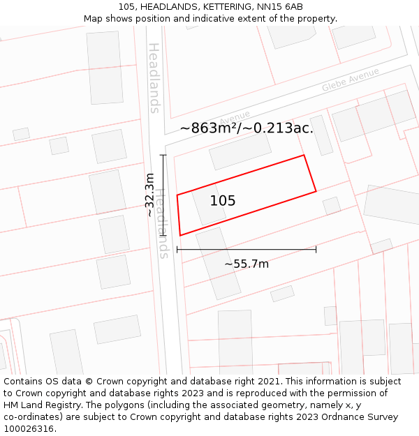 105, HEADLANDS, KETTERING, NN15 6AB: Plot and title map