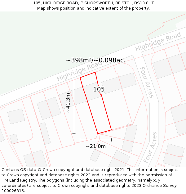 105, HIGHRIDGE ROAD, BISHOPSWORTH, BRISTOL, BS13 8HT: Plot and title map