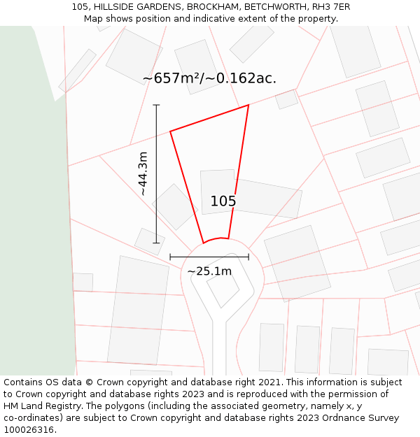 105, HILLSIDE GARDENS, BROCKHAM, BETCHWORTH, RH3 7ER: Plot and title map