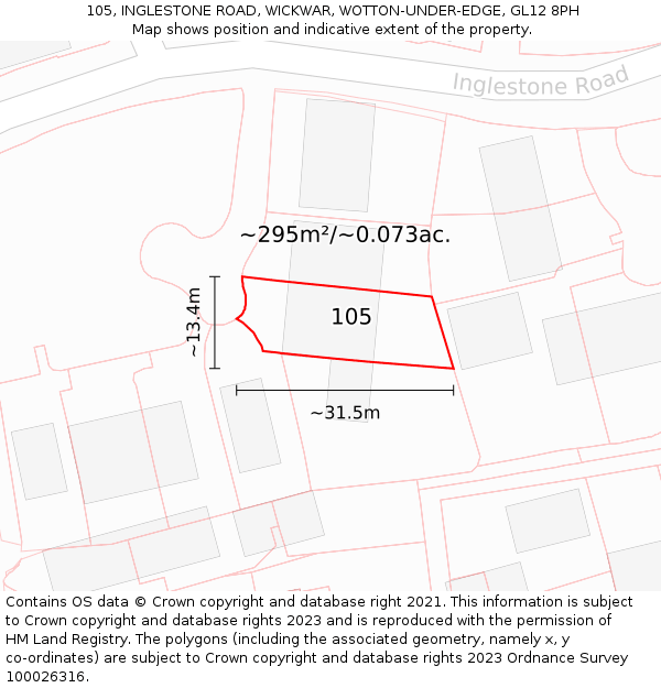 105, INGLESTONE ROAD, WICKWAR, WOTTON-UNDER-EDGE, GL12 8PH: Plot and title map