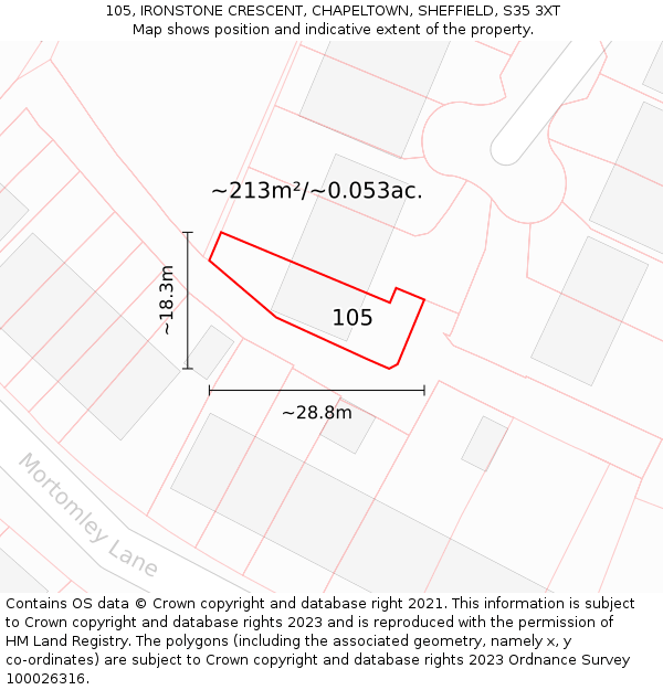 105, IRONSTONE CRESCENT, CHAPELTOWN, SHEFFIELD, S35 3XT: Plot and title map