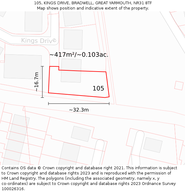 105, KINGS DRIVE, BRADWELL, GREAT YARMOUTH, NR31 8TF: Plot and title map