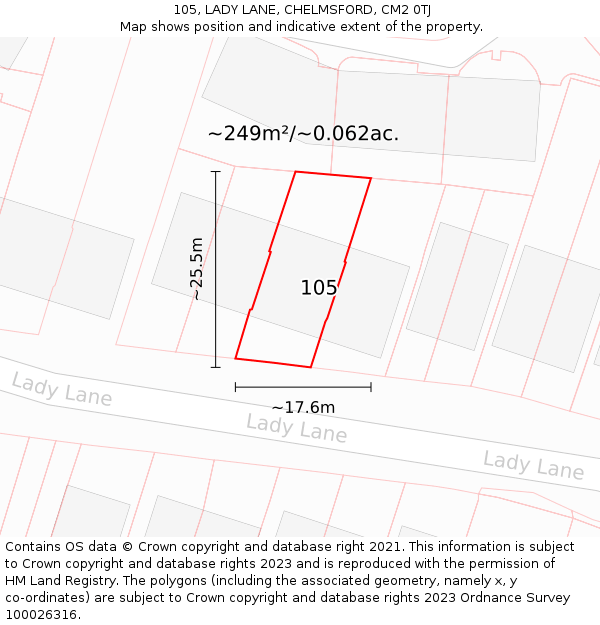 105, LADY LANE, CHELMSFORD, CM2 0TJ: Plot and title map