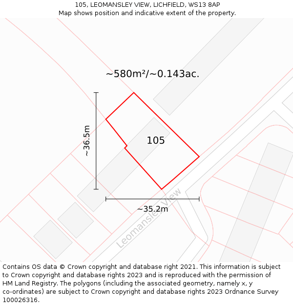 105, LEOMANSLEY VIEW, LICHFIELD, WS13 8AP: Plot and title map