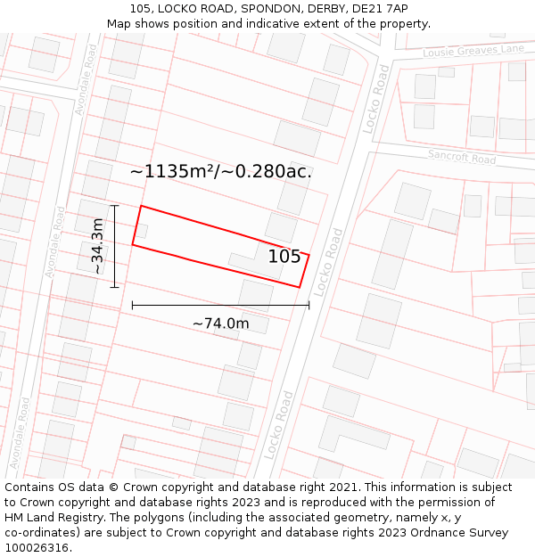 105, LOCKO ROAD, SPONDON, DERBY, DE21 7AP: Plot and title map