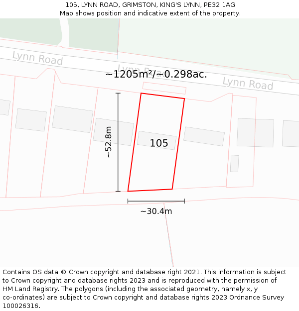 105, LYNN ROAD, GRIMSTON, KING'S LYNN, PE32 1AG: Plot and title map