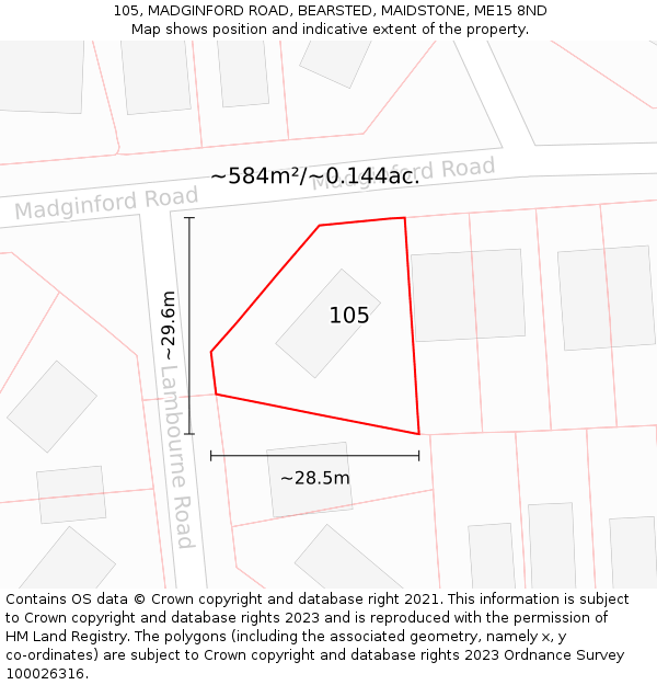 105, MADGINFORD ROAD, BEARSTED, MAIDSTONE, ME15 8ND: Plot and title map