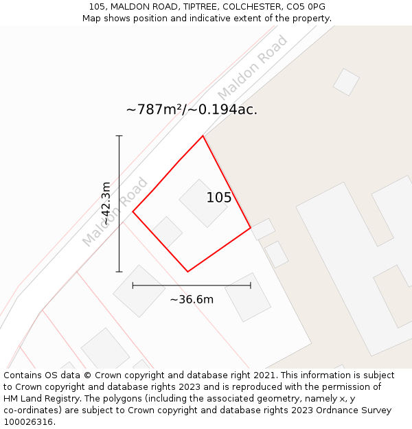 105, MALDON ROAD, TIPTREE, COLCHESTER, CO5 0PG: Plot and title map