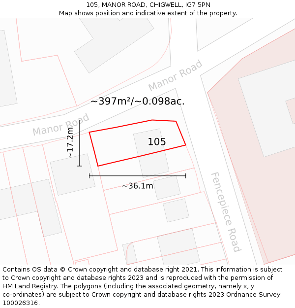 105, MANOR ROAD, CHIGWELL, IG7 5PN: Plot and title map
