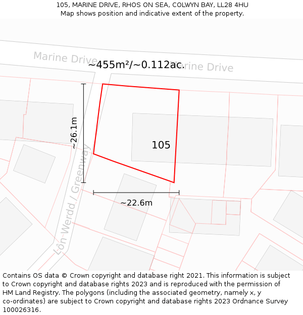105, MARINE DRIVE, RHOS ON SEA, COLWYN BAY, LL28 4HU: Plot and title map