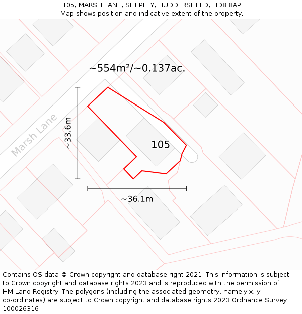 105, MARSH LANE, SHEPLEY, HUDDERSFIELD, HD8 8AP: Plot and title map