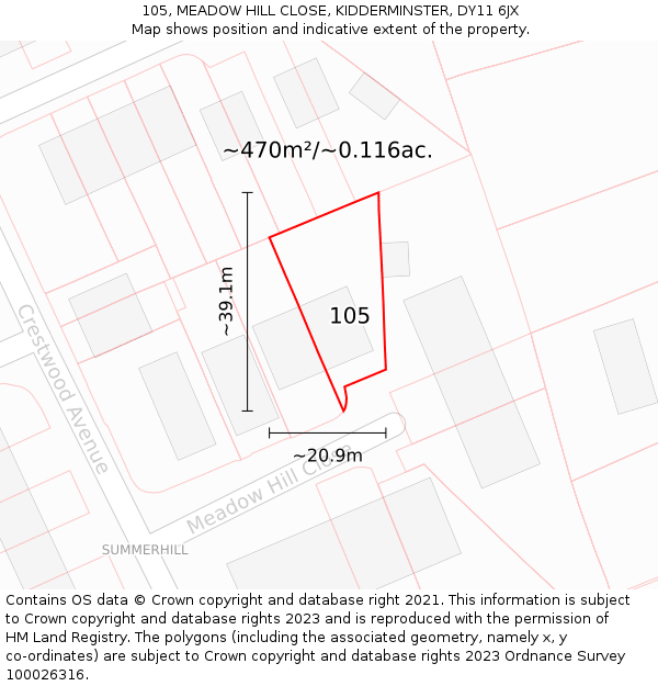 105, MEADOW HILL CLOSE, KIDDERMINSTER, DY11 6JX: Plot and title map
