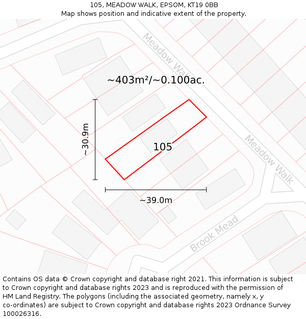 105, MEADOW WALK, EPSOM, KT19 0BB: Plot and title map