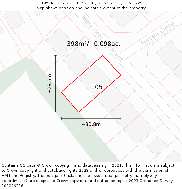 105, MENTMORE CRESCENT, DUNSTABLE, LU6 3NW: Plot and title map