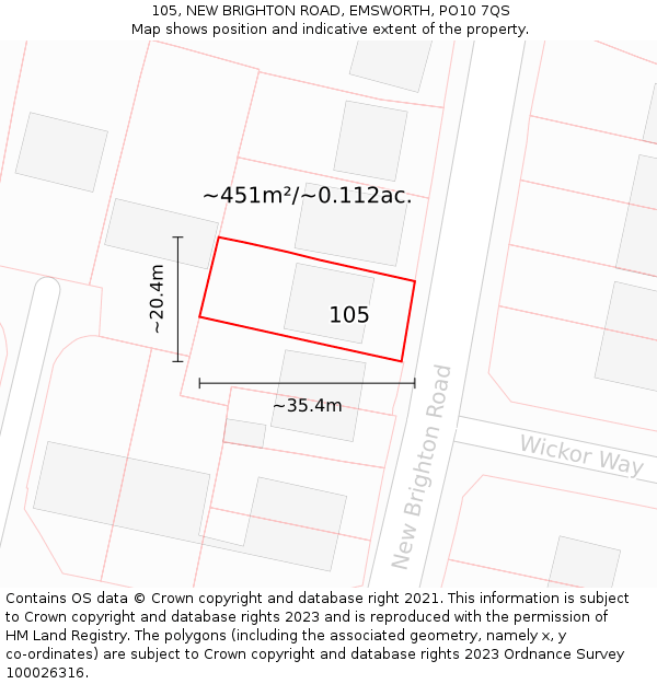 105, NEW BRIGHTON ROAD, EMSWORTH, PO10 7QS: Plot and title map