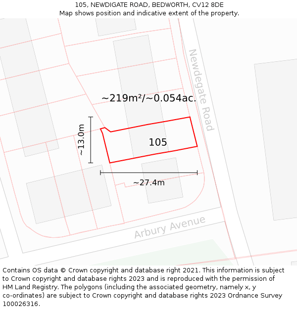 105, NEWDIGATE ROAD, BEDWORTH, CV12 8DE: Plot and title map