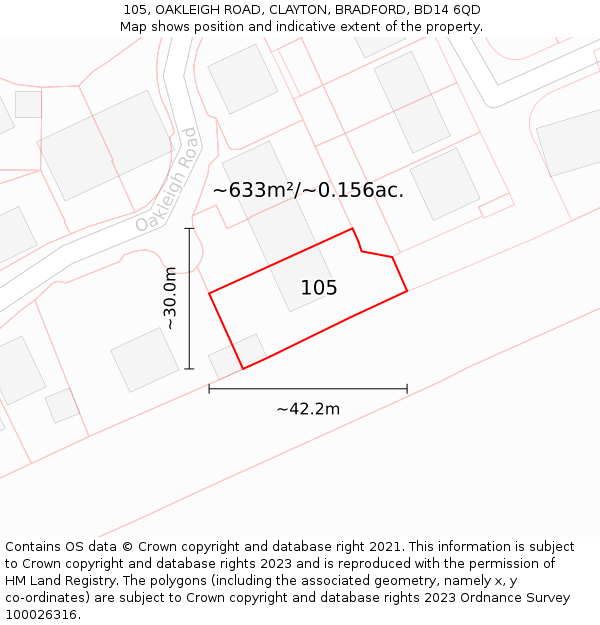 105, OAKLEIGH ROAD, CLAYTON, BRADFORD, BD14 6QD: Plot and title map