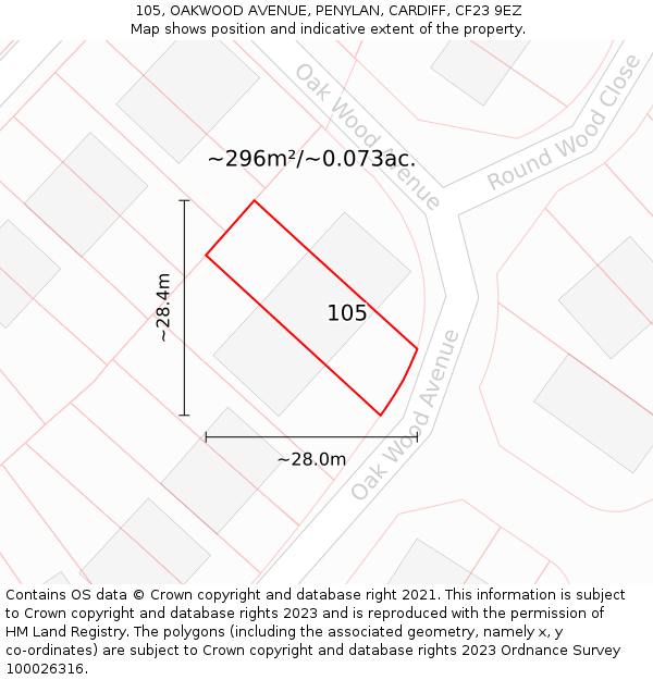 105, OAKWOOD AVENUE, PENYLAN, CARDIFF, CF23 9EZ: Plot and title map