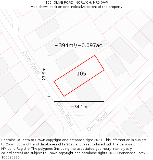 105, OLIVE ROAD, NORWICH, NR5 0AW: Plot and title map