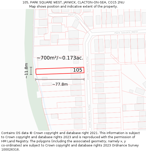 105, PARK SQUARE WEST, JAYWICK, CLACTON-ON-SEA, CO15 2NU: Plot and title map