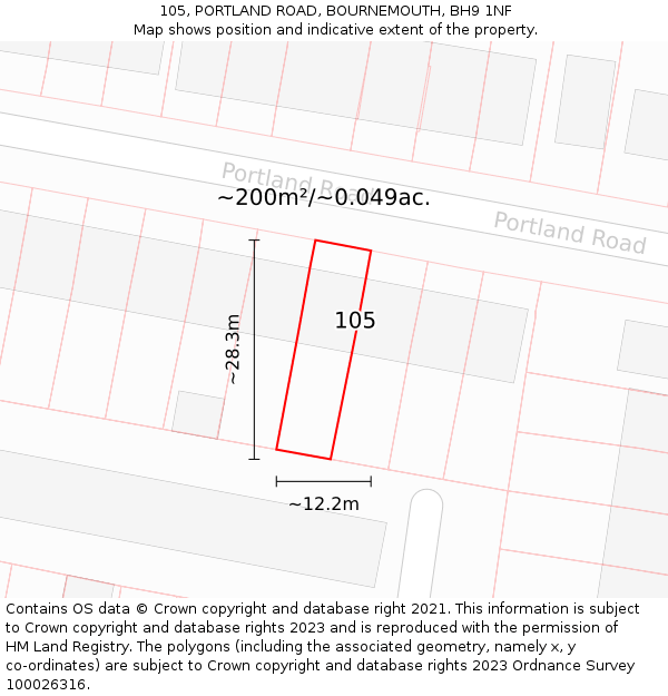 105, PORTLAND ROAD, BOURNEMOUTH, BH9 1NF: Plot and title map