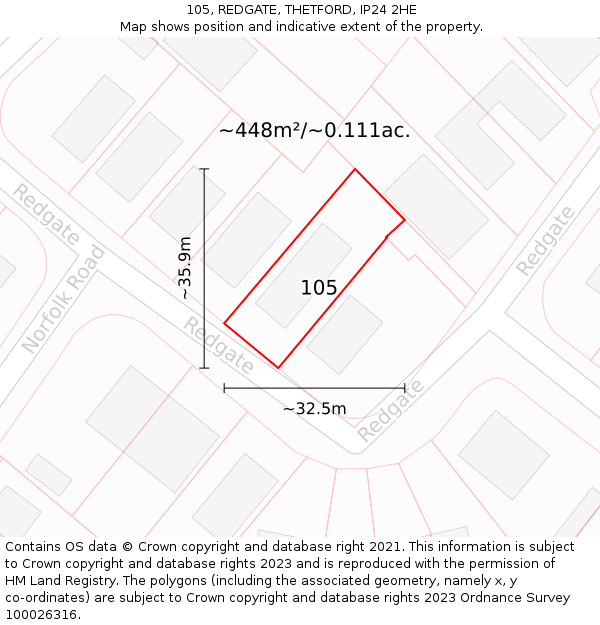 105, REDGATE, THETFORD, IP24 2HE: Plot and title map