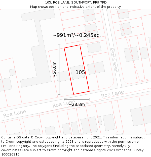105, ROE LANE, SOUTHPORT, PR9 7PD: Plot and title map