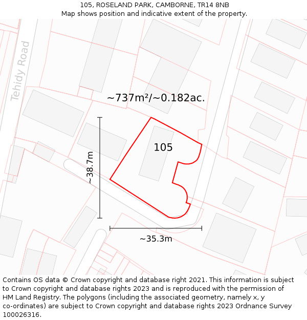 105, ROSELAND PARK, CAMBORNE, TR14 8NB: Plot and title map